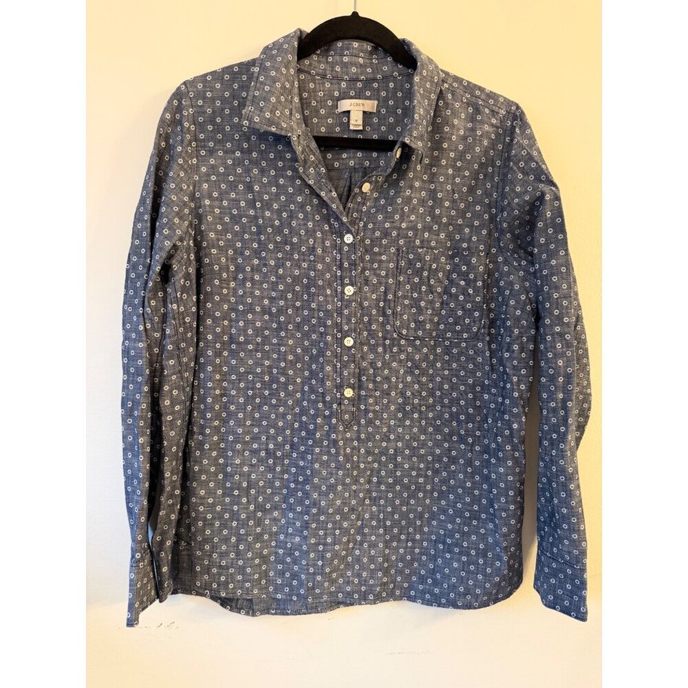 J.Crew Womens Blue Polka Dot Long-Sleeve Button-Up Shirt Size 12 100% Cotton